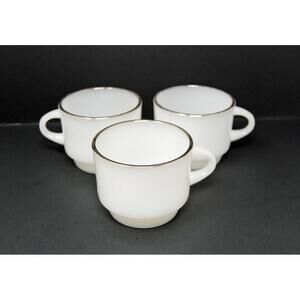 3 Vintage Fire King Anchor Hocking White Milk Glass Stacking Mug Cup Silver Rim